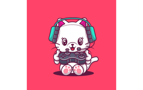 Cute Cat Gaming Illustration: Your Digital Asset for Creative Projects